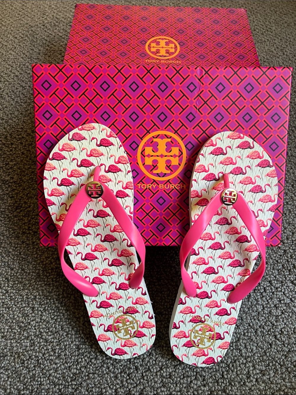 Tory Burch Pink Flamingo Print Logo Flip Flops